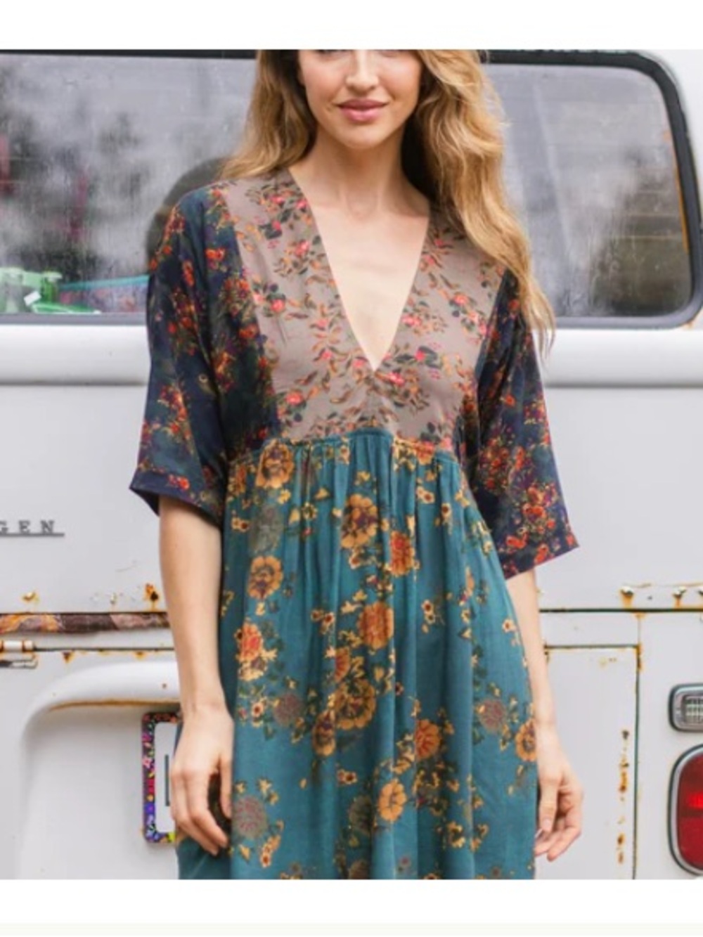 NATURAL LIFE Stella Teal Floral V-Neck Mini Dress